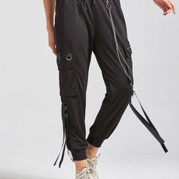 Cargo Pants L NWOT Loose Street Rock Casual Black Pants Chain Goth Black Emo - Picture 6 of 7